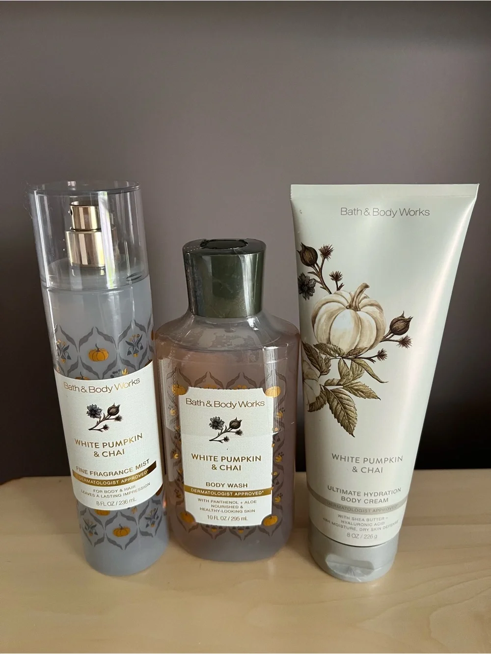 Bath & Body Works White Pumpkin & Chai Body Wash, Fragrance Mist & Body Cream Se